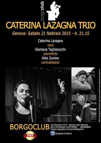 Locandina concerto  Caterina Lazagna trio "Round 900". 21.2.2015. Borgoclub. Genova