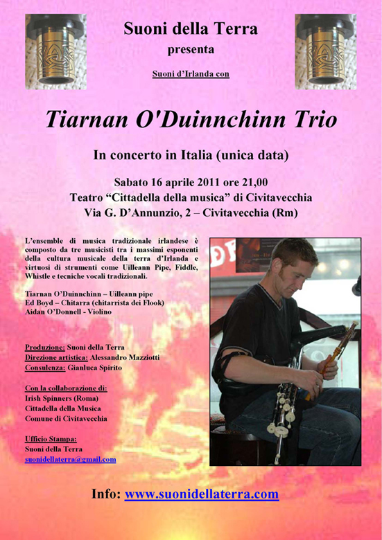 Locandina del oncerto di musica tradizionale irlandese del "Tianrnan o'Duinnchinn trio"